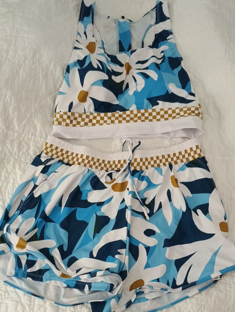 Blue Floral Women’s Swim Shorts And Matching Top with Elastic Waist